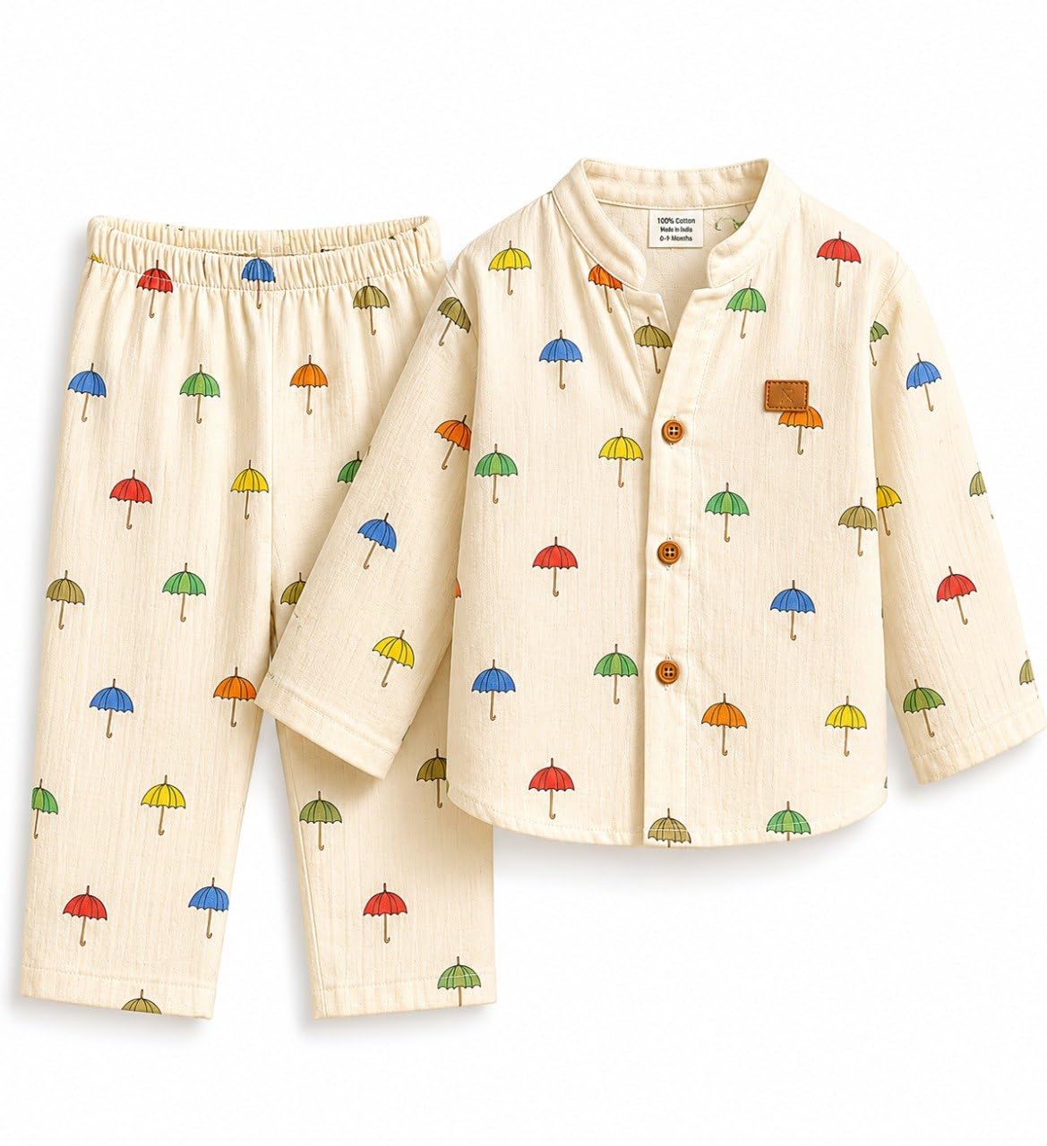 Kids Cotton Co-Ord Set – Umbrella Print (Shirt + Elastic-Waist Pants)
