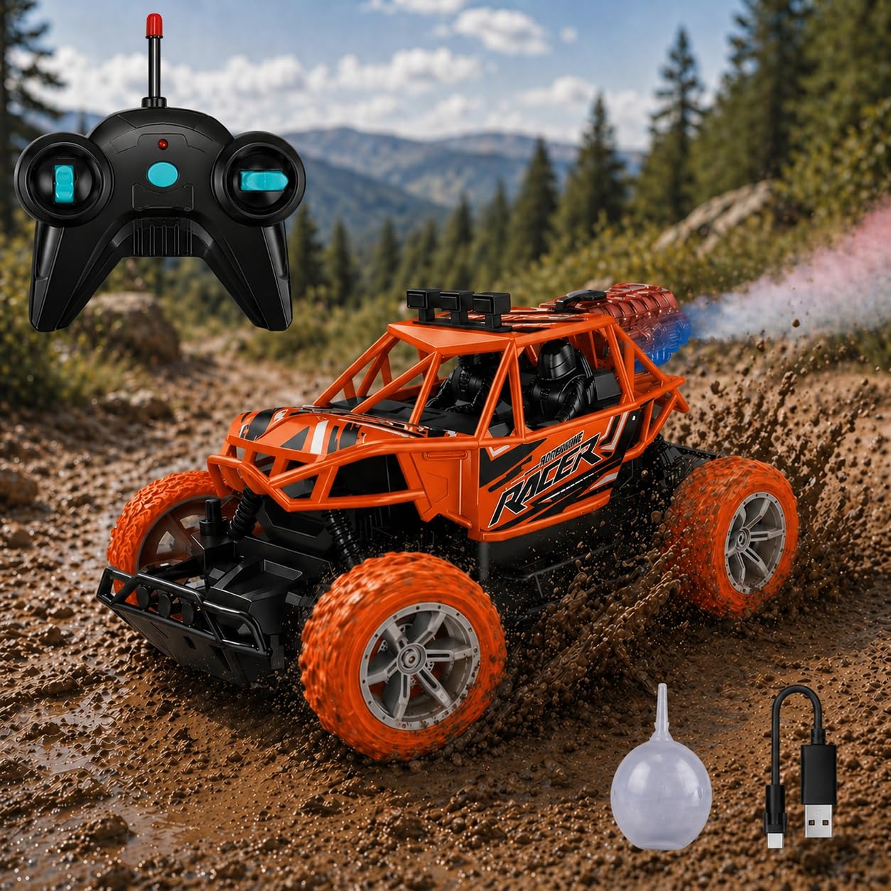 Remote Control Climbing Off-Road Buggy – Rechargeable RC Car with Spray Mist Effect & LED Lights (Multicolour)