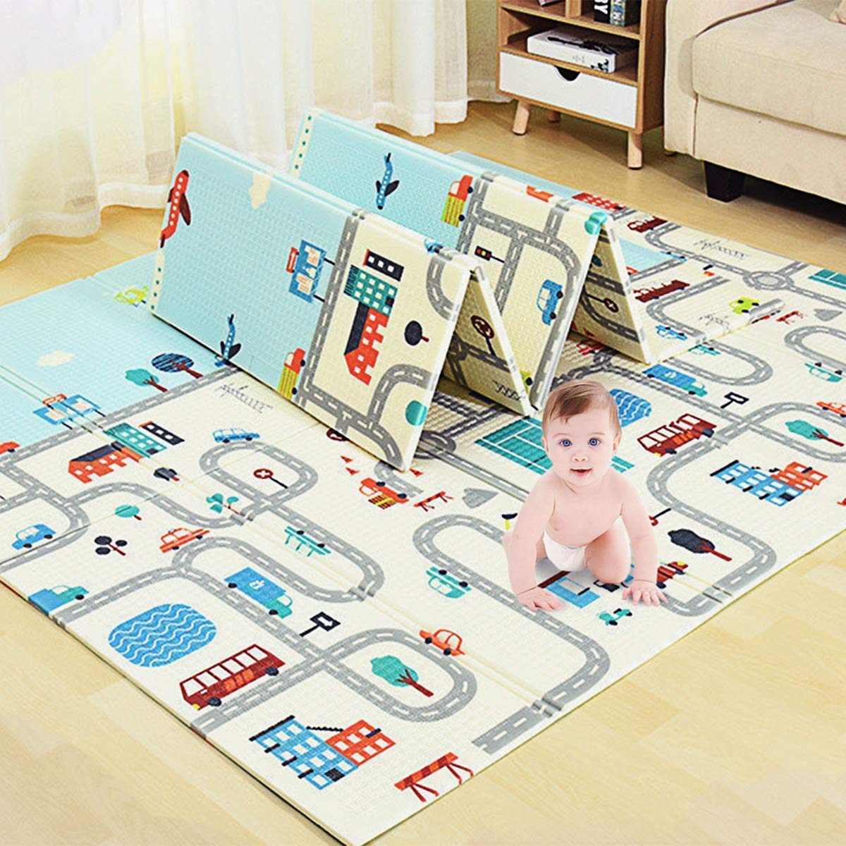 Extra Large Reversible Baby Play Mat – Foldable BPA-Free Foam Crawling Mat (6.5×5 ft, City & Forest)